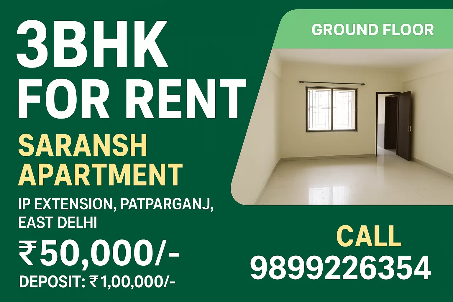 3bhk for rent on saransh aprtment ip extension patparganj